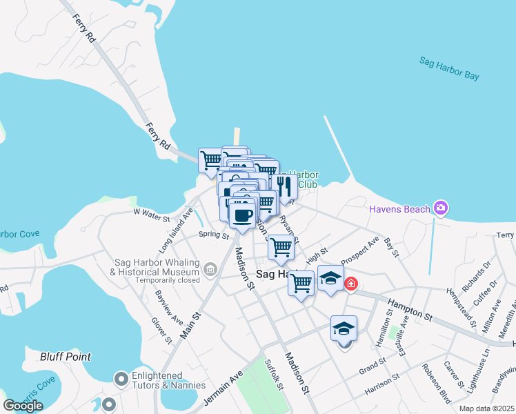 map of restaurants, bars, coffee shops, grocery stores, and more near 51 Division Street in Sag Harbor