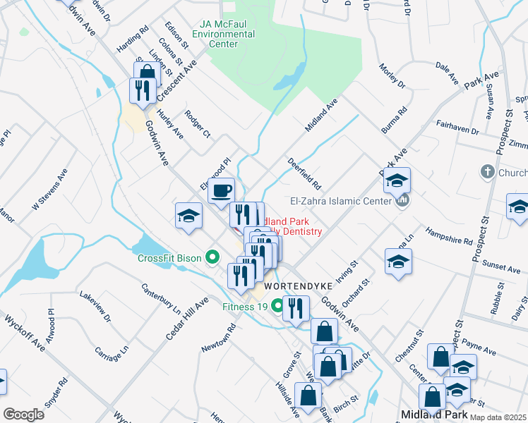map of restaurants, bars, coffee shops, grocery stores, and more near 79 Linwood Ave in Midland Park