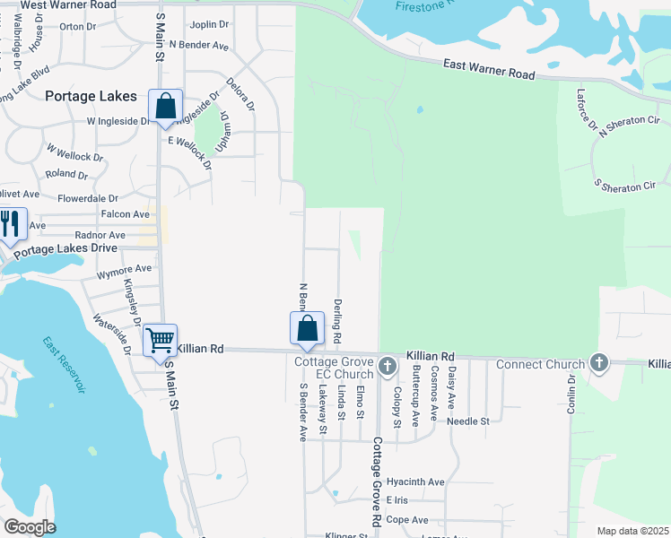 map of restaurants, bars, coffee shops, grocery stores, and more near 3014 Derling Road in Akron