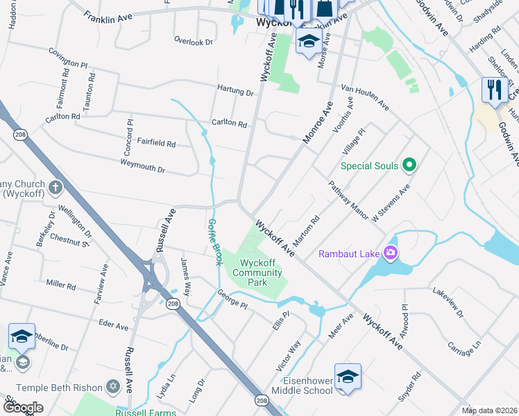 map of restaurants, bars, coffee shops, grocery stores, and more near 388 Monroe Avenue in Wyckoff