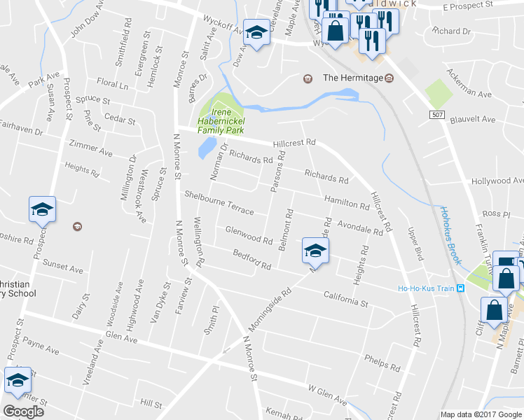 map of restaurants, bars, coffee shops, grocery stores, and more near 726 Parsons Rd in Ridgewood