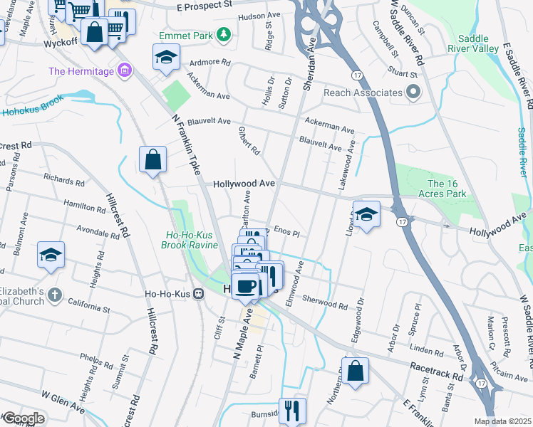 map of restaurants, bars, coffee shops, grocery stores, and more near 93 Sheridan Avenue in Ho-Ho-Kus