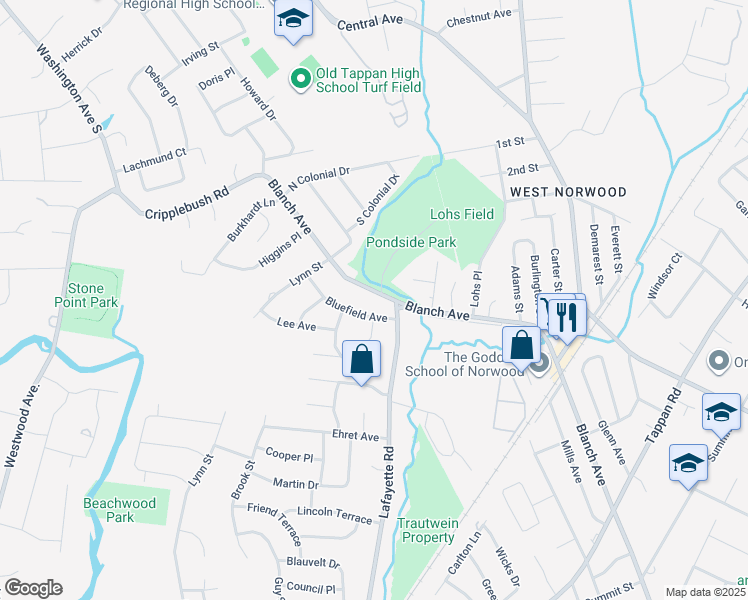 map of restaurants, bars, coffee shops, grocery stores, and more near 128 Blanch Ave in Harrington Park