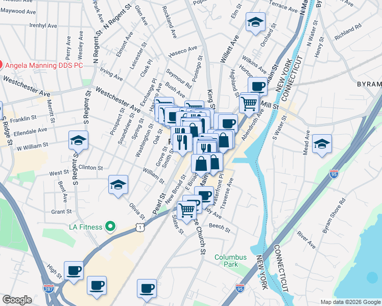 map of restaurants, bars, coffee shops, grocery stores, and more near 146 Westchester Avenue in Port Chester