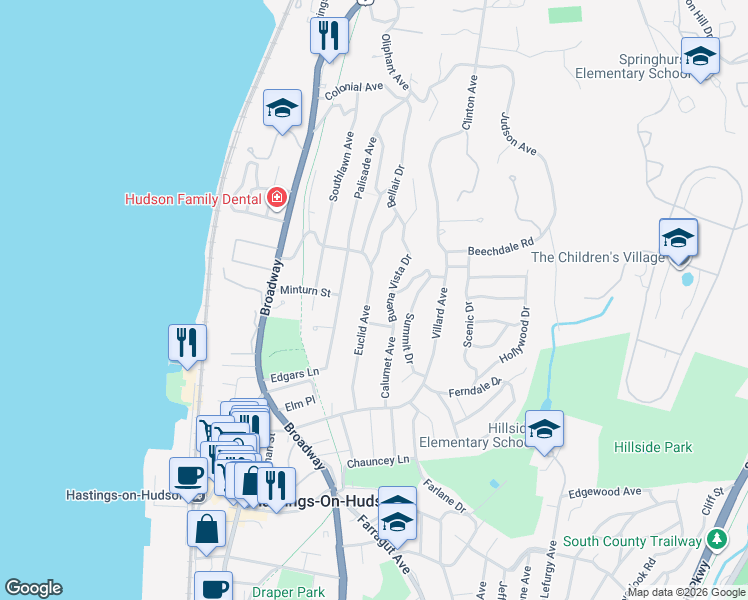 map of restaurants, bars, coffee shops, grocery stores, and more near 106 Euclid Avenue in Hastings-on-Hudson