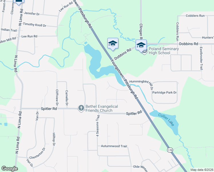 map of restaurants, bars, coffee shops, grocery stores, and more near 2931 Thunderbird Drive in Youngstown