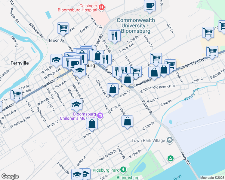 map of restaurants, bars, coffee shops, grocery stores, and more near 210 East 5th Street in Bloomsburg