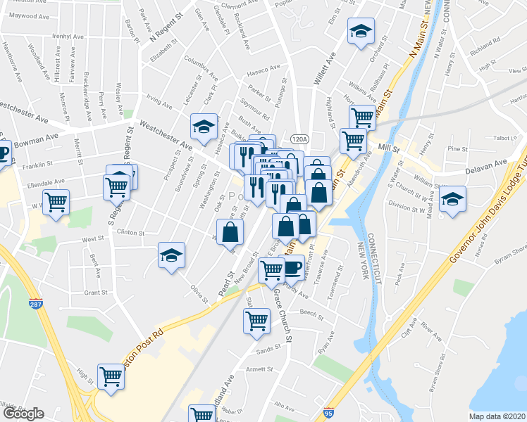map of restaurants, bars, coffee shops, grocery stores, and more near 2 Highway 120A in Port Chester