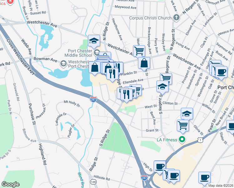 map of restaurants, bars, coffee shops, grocery stores, and more near 21 Highview Avenue in Rye Brook