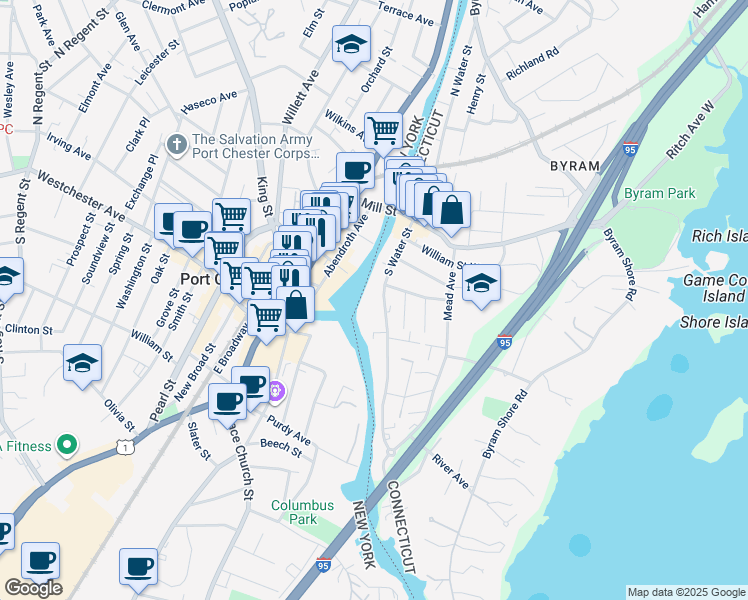 map of restaurants, bars, coffee shops, grocery stores, and more near 86 South Water Street in Greenwich