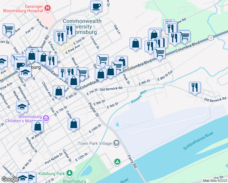 map of restaurants, bars, coffee shops, grocery stores, and more near 636 Old Berwick Road in Bloomsburg