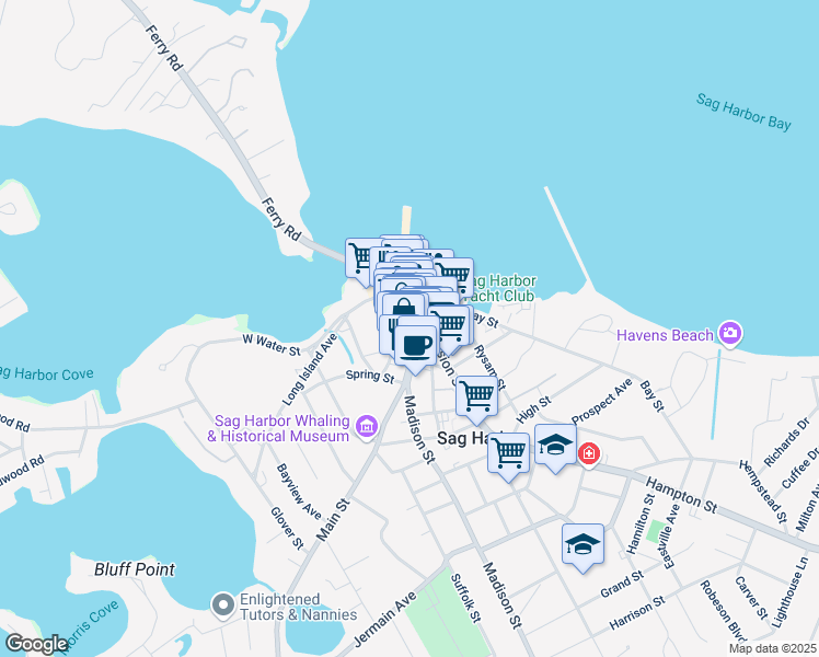 map of restaurants, bars, coffee shops, grocery stores, and more near 56 Main Street in Sag Harbor