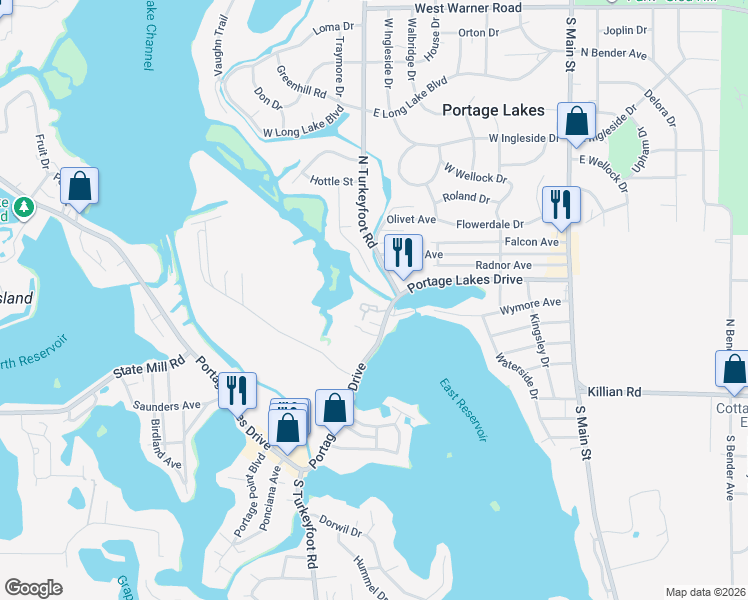 map of restaurants, bars, coffee shops, grocery stores, and more near 239 Portage Lakes Drive in Akron