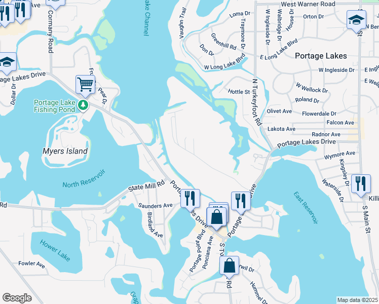 map of restaurants, bars, coffee shops, grocery stores, and more near 466 Canova Drive in Akron