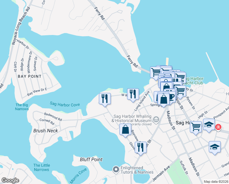 map of restaurants, bars, coffee shops, grocery stores, and more near 56 West Water Street in Sag Harbor