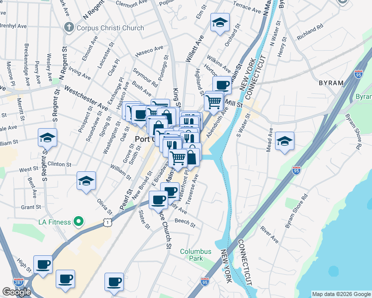map of restaurants, bars, coffee shops, grocery stores, and more near 17 King Street in Port Chester