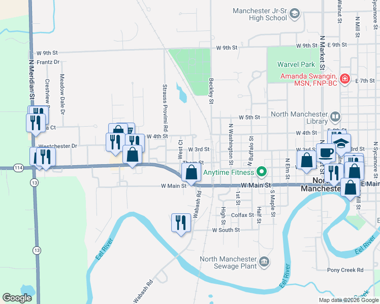 map of restaurants, bars, coffee shops, grocery stores, and more near 909 West 3rd Street in North Manchester