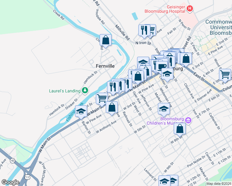 map of restaurants, bars, coffee shops, grocery stores, and more near 401409 West Main Street in Bloomsburg