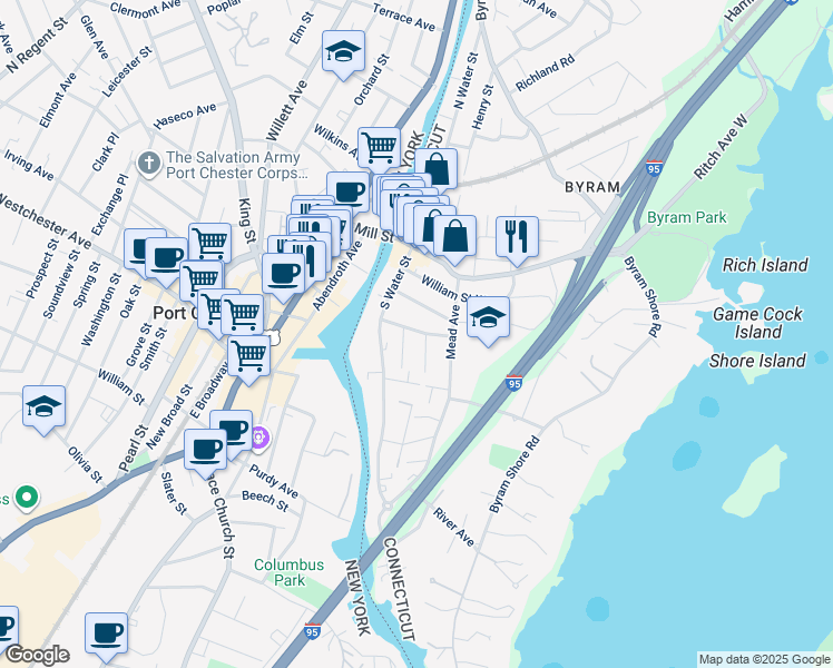 map of restaurants, bars, coffee shops, grocery stores, and more near 24 Division Street West in Greenwich