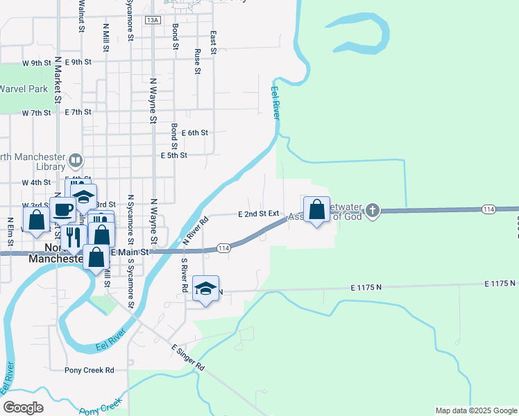 map of restaurants, bars, coffee shops, grocery stores, and more near 1004 East 2nd Street Extension in North Manchester