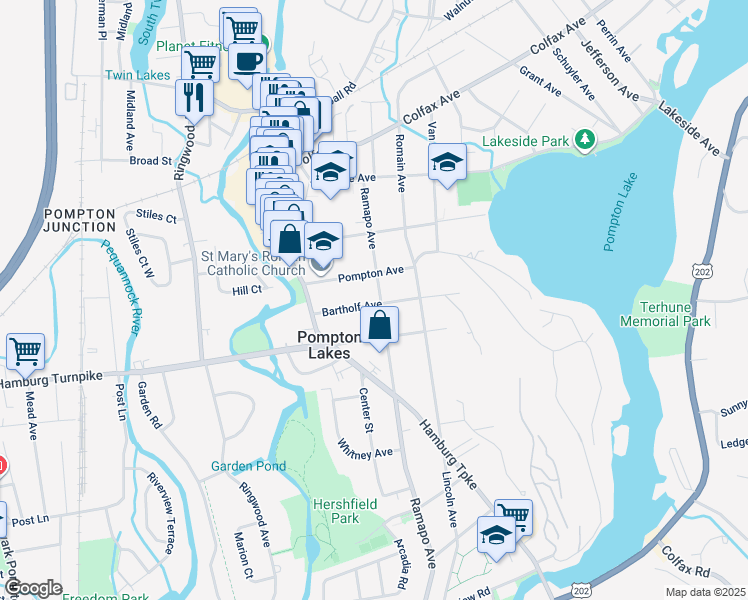 map of restaurants, bars, coffee shops, grocery stores, and more near 55 Bartholf Avenue in Pompton Lakes