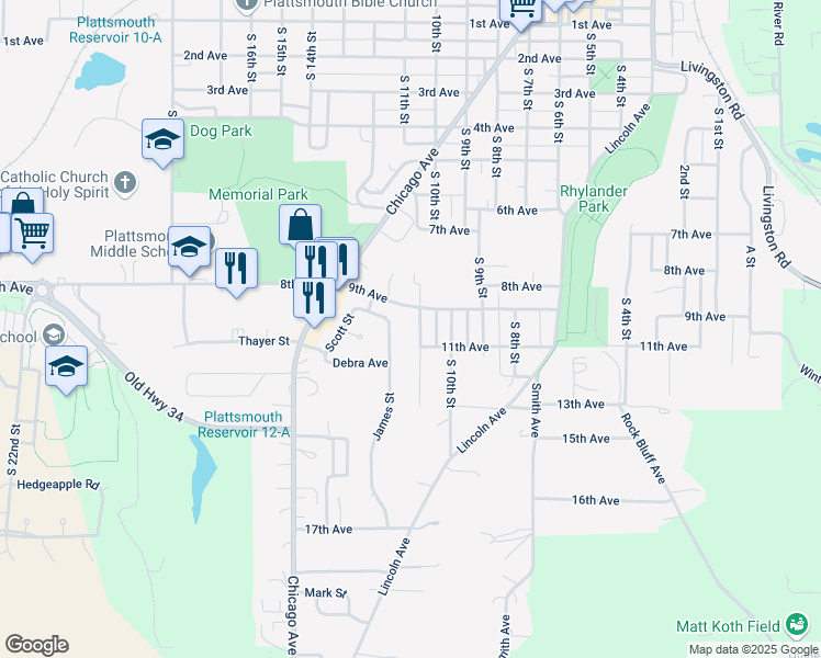 map of restaurants, bars, coffee shops, grocery stores, and more near 1022 Clinton Street in Plattsmouth