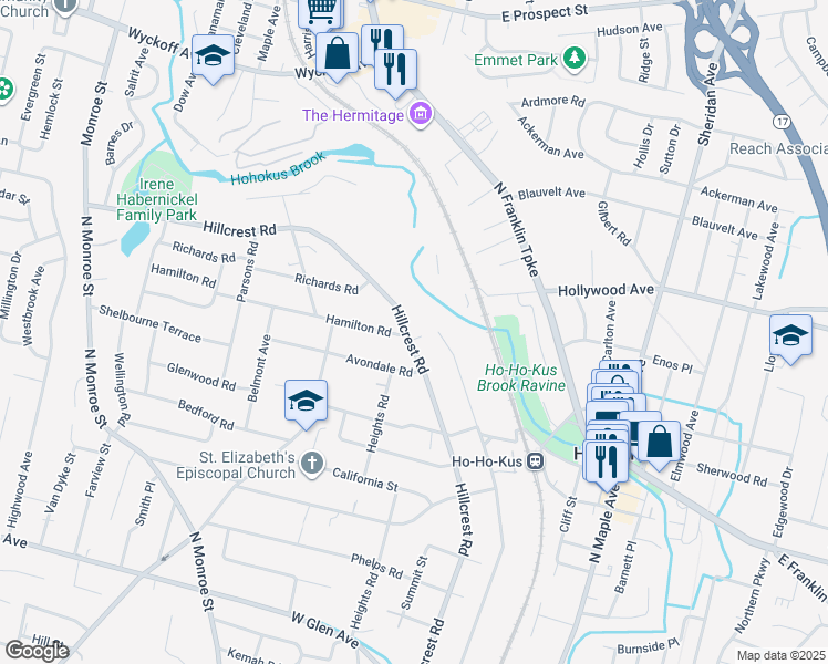 map of restaurants, bars, coffee shops, grocery stores, and more near 811 Hillcrest Road in Ridgewood