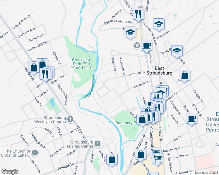 map of restaurants, bars, coffee shops, grocery stores, and more near 53 Borough Street in East Stroudsburg
