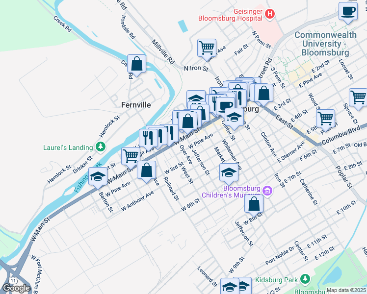 map of restaurants, bars, coffee shops, grocery stores, and more near 219 West Pine Avenue in Bloomsburg