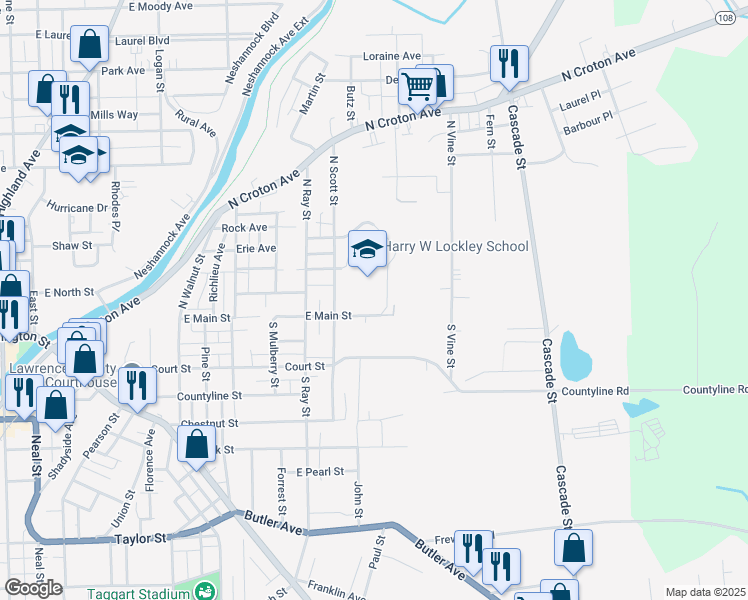 map of restaurants, bars, coffee shops, grocery stores, and more near 900 East Main Street in New Castle