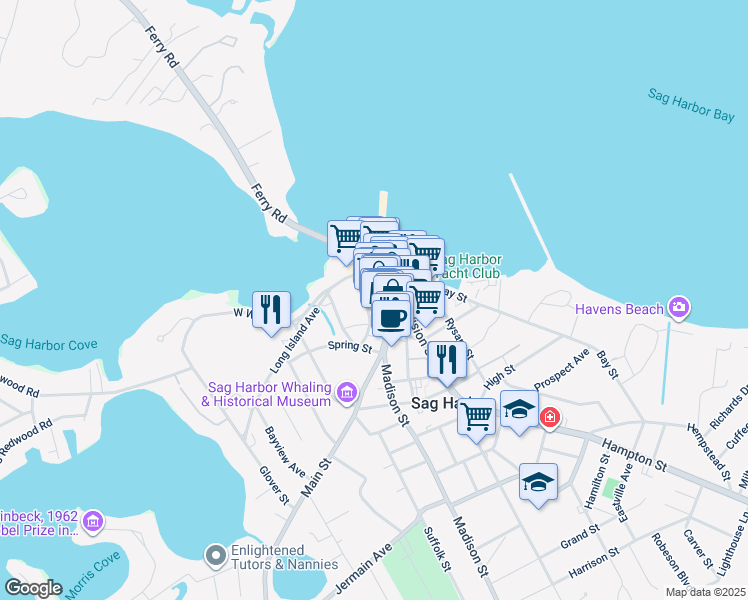 map of restaurants, bars, coffee shops, grocery stores, and more near 56 Main Street in Sag Harbor
