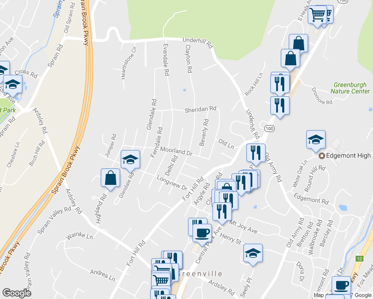 map of restaurants, bars, coffee shops, grocery stores, and more near 77 Moorland Drive in Scarsdale