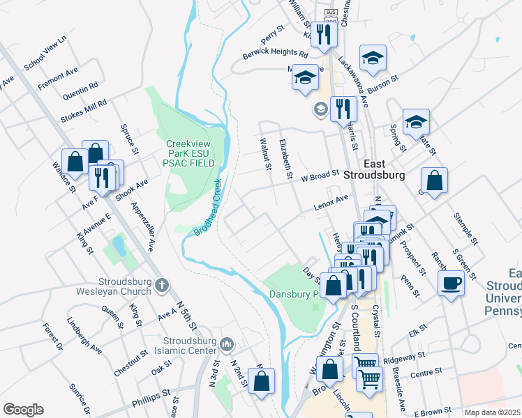 map of restaurants, bars, coffee shops, grocery stores, and more near 53 Borough Street in East Stroudsburg