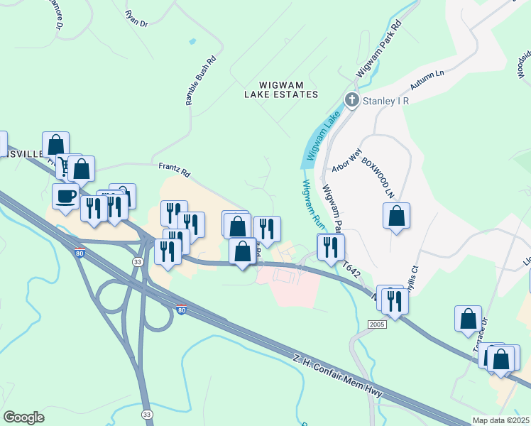 map of restaurants, bars, coffee shops, grocery stores, and more near 5107 Windsor Drive in Stroudsburg