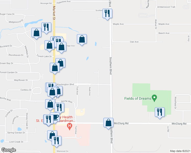 map of restaurants, bars, coffee shops, grocery stores, and more near 161 Stadler Court in Youngstown