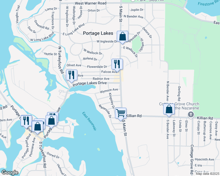 map of restaurants, bars, coffee shops, grocery stores, and more near 43 Wymore Avenue in Akron