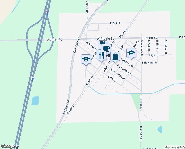 map of restaurants, bars, coffee shops, grocery stores, and more near 406 South Wolf Street in Odell