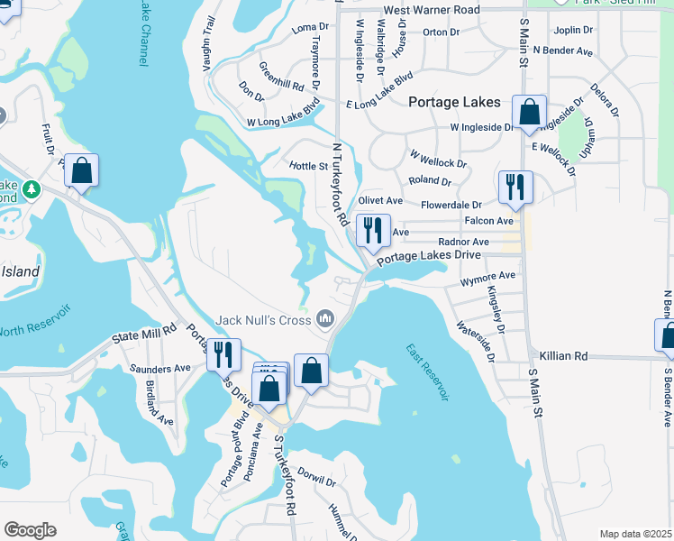 map of restaurants, bars, coffee shops, grocery stores, and more near 239 Portage Lakes Drive in Akron