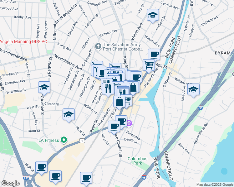map of restaurants, bars, coffee shops, grocery stores, and more near 123 Westchester Avenue in Port Chester