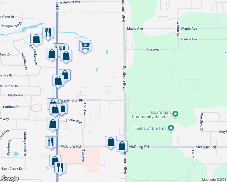 map of restaurants, bars, coffee shops, grocery stores, and more near 8149 Stadler Avenue in Youngstown