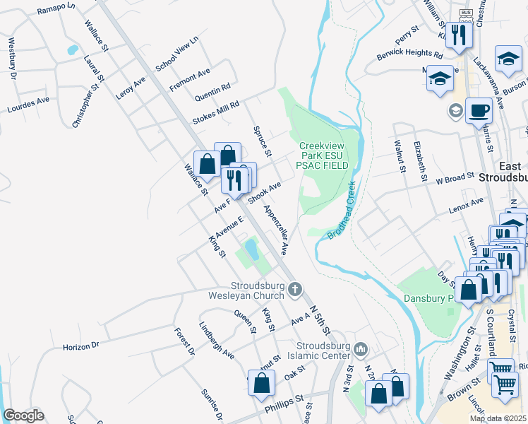map of restaurants, bars, coffee shops, grocery stores, and more near 1187 Appenzeller Avenue in Stroudsburg
