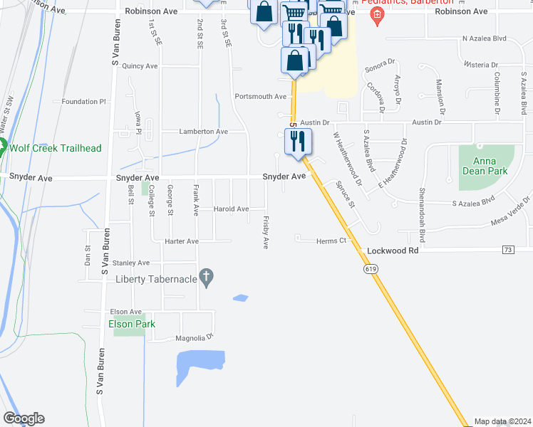 map of restaurants, bars, coffee shops, grocery stores, and more near 326 Frisby Avenue in Barberton