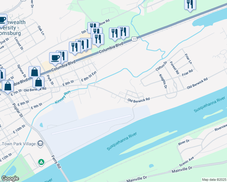map of restaurants, bars, coffee shops, grocery stores, and more near 1219 Old Berwick Road in Bloomsburg