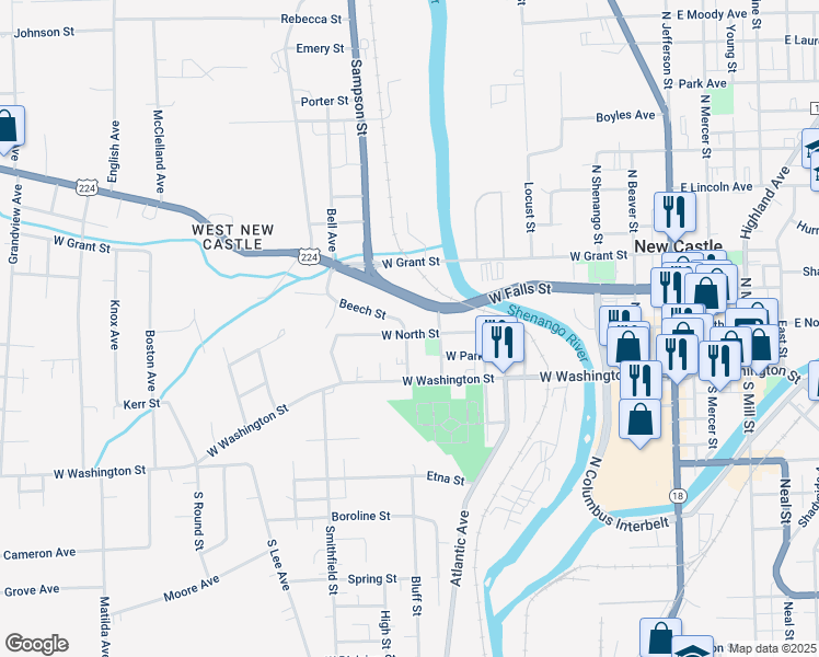 map of restaurants, bars, coffee shops, grocery stores, and more near 703 West North Street in New Castle