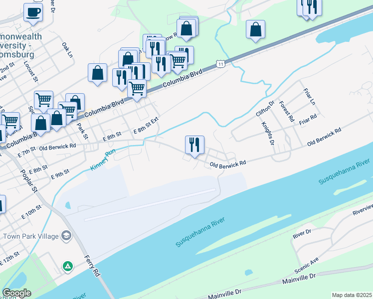 map of restaurants, bars, coffee shops, grocery stores, and more near 1219 Old Berwick Road in Bloomsburg