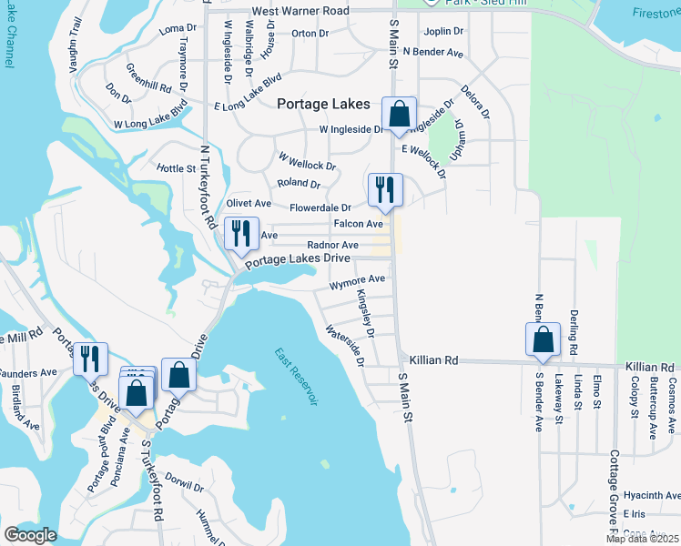 map of restaurants, bars, coffee shops, grocery stores, and more near 62 Portage Lakes Drive in Akron