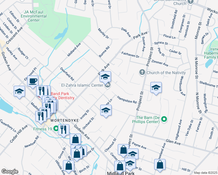 map of restaurants, bars, coffee shops, grocery stores, and more near 218 Irving Street in Midland Park