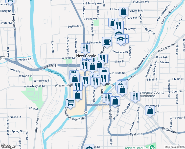 map of restaurants, bars, coffee shops, grocery stores, and more near 27 North Mercer Street in New Castle