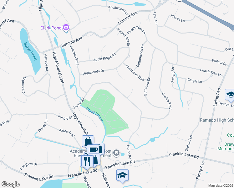map of restaurants, bars, coffee shops, grocery stores, and more near 902 Huron Road in Franklin Lakes