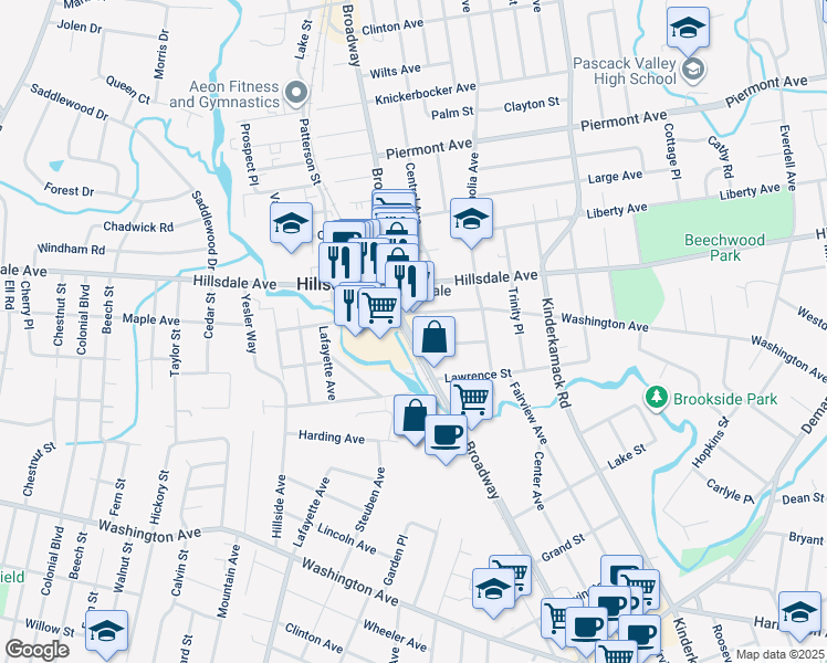 map of restaurants, bars, coffee shops, grocery stores, and more near 74 Broadway in Hillsdale
